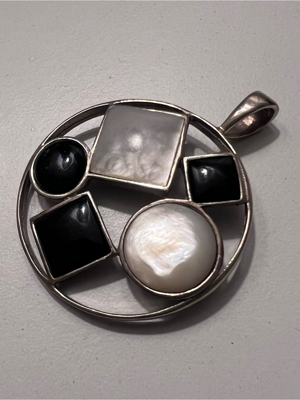 Sterling Silver Black Onyx and White Mother-of-Pearl Geometric Pendant
